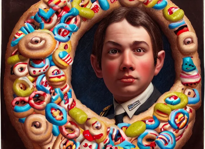 Image similar to american captain made of donuts, lowbrow, matte painting, 3 - d highly detailed, in the style of mark ryden,