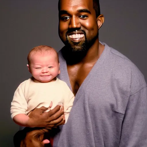 Image similar to kanye west smiling and holding holding baby yoda for a 1 9 9 0 s sitcom tv show, studio photograph, portrait c 1 2. 0