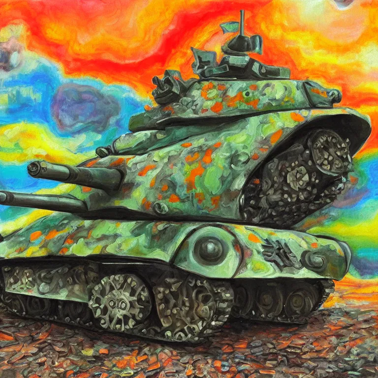 Image similar to panzer tank on peaches, psychedelic oil painting