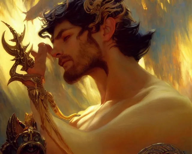 Image similar to attractive pagan male deity, summons handsome lucifer morning star. highly detailed painting by gaston bussiere, craig mullins, j. c. leyendecker 8 k