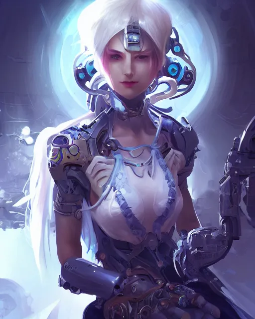 Image similar to holy cyborg necromancer girl, elegant, scifi, futuristic, utopia, garden, illustration, atmosphere, top lighting, blue eyes, white hair, focused, artstation, highly detailed, art by yuhong ding and chengwei pan and serafleur and ina wong