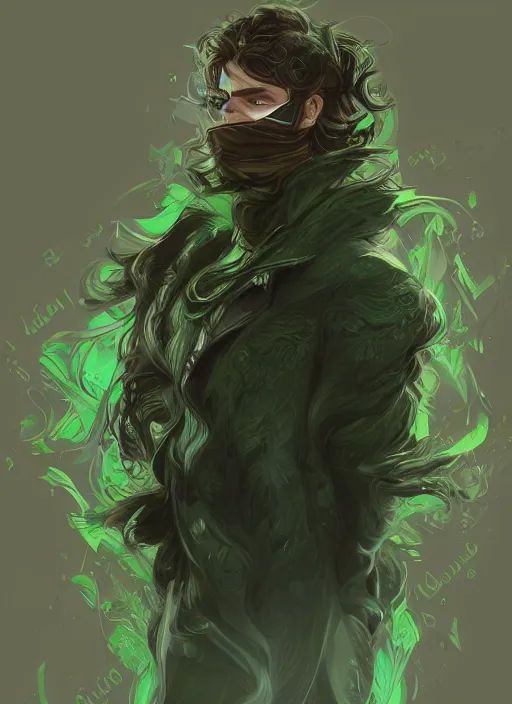 Image similar to a highly detailed illustration of young thick wavy messy haired guy wearing green face mask and brown noir coat intricate, elegant, highly detailed, centered, digital painting, artstation, concept art, smooth, sharp focus, league of legends concept art, wlop