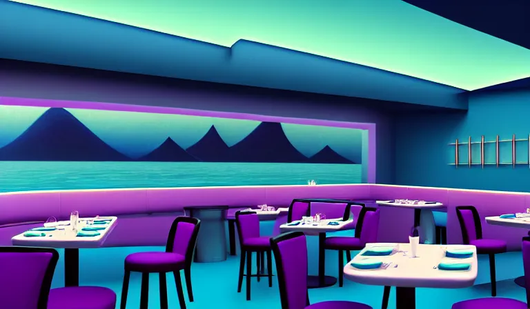 Image similar to a beautiful, sharp focus, clean lines. the interior of an art deco undersea restaurant. vaporwave ombre rendering. outrun style. trending on artstation. recommended for you behance. by chris moore. by edward hopper. ambient occlusion. digital matte painting. metropolis filmic. gotham city.