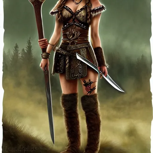 Image similar to « pretty, hot viking girl, with a sword, detailed, full body portrait »