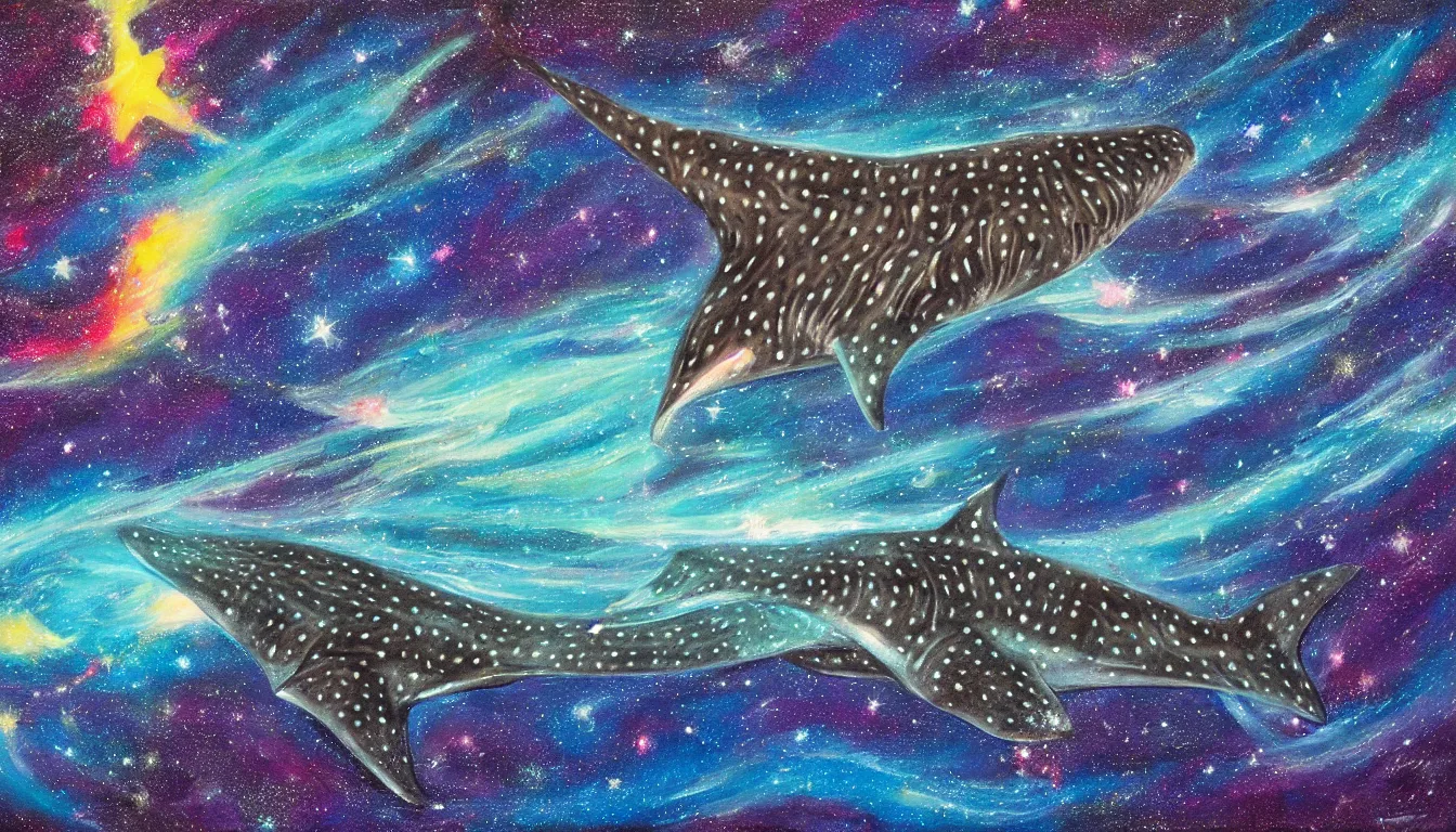 Image similar to oil painting of one whale shark flying in front of a colorful swirling galaxy, shimmering stars, milky way