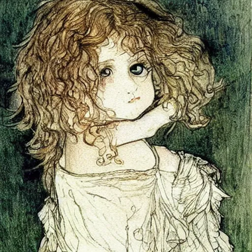 Image similar to a cute little girl fairy with a mischievous face and short brown wavy curly hair. well composed, clean elegant painting, beautiful detailed face. art by arthur rackham