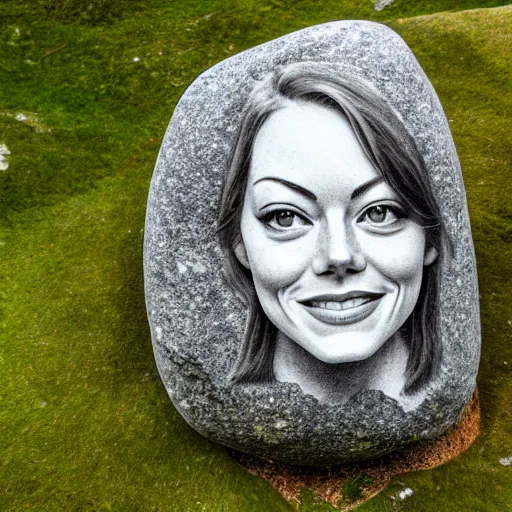 Prompt: big rock solid stone with the emerging face of emma stone buried inside the stone rock, realistic