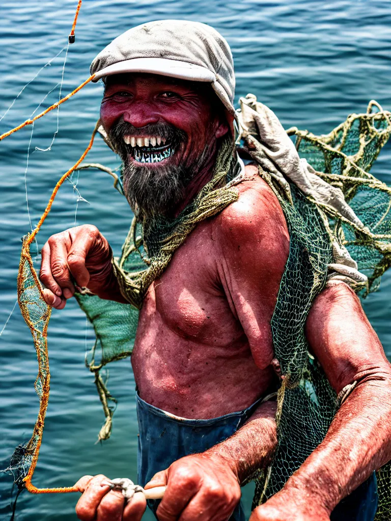 Prompt: an imperfect journalistic portrait of a fisherman, after he has caught a tokomak in his net. he grins proudly, baring his gargantuan razor sharp teeth like blades of a professional food processor