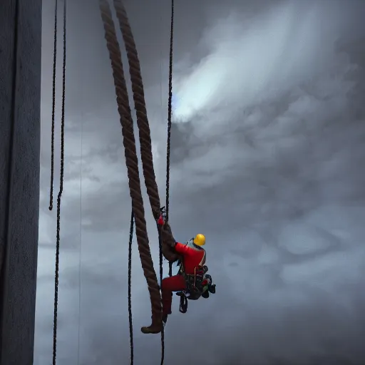 Prompt: rope access technician, extreme cold, cloudy weather, octane render, volumetric lightning hyperrealism, no blur, 4 k resolution, ultra detailed