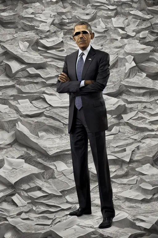 Image similar to obama nervously standing next to a mountain made of papers, photorealistic, intricate, 8 k highly professionally detailed, hdr, cgsociety