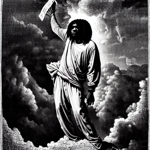 Image similar to cheef keef ascending into heaven holding stacks of cash, biblical image, style of gustave dore, highly detailed, beautiful, high contrast, black and white