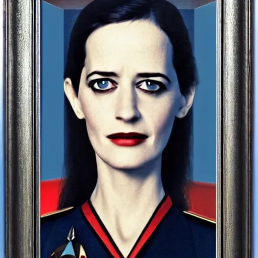 Prompt: a full body photograph of 3 0 year old eva green as a star fleet officer from star trek next generation, ultra rendered, extreme realism and detail, 8 k, completely framed, hyper realistic, direct lighting, 3 5 mm photo, photorealistic, sharp focus