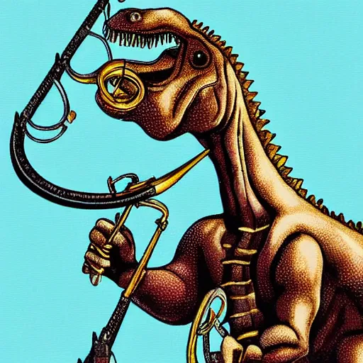 Prompt: a dinosaur with trombones for arms and horns