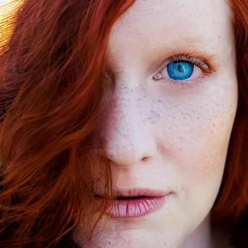 Image similar to close up portrait photo of the left side of the face of a redhead woman with blue eyes and big black round pupils who looks directly at the camera. Slightly open mouth, face covers half of the frame, with a park visible in the background. 135mm nikon. Intricate. Very detailed 8k. Sharp. Cinematic post-processing. Award winning photography, steve mccurry