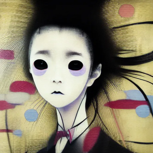 Image similar to yoshitaka amano blurred and dreamy minimalistic three quarter angle portrait of a young woman with black lipstick and black eyes looking up and to the side wearing dress suit with tie, junji ito abstract patterns in the background, satoshi kon anime, noisy film grain effect, highly detailed, renaissance oil painting, weird portrait angle, blurred lost edges