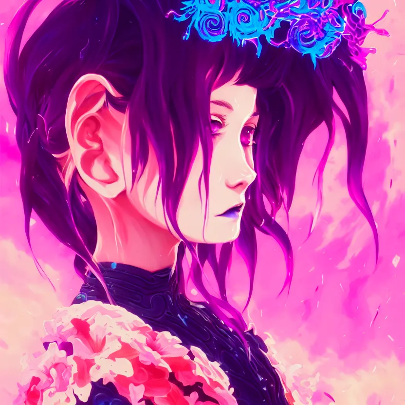 Prompt: side profile macro portrait, cute modern gothic anime girl with synthwave flower background, gloomhaven, colorful swirly retrowave style fantasy portrait, by lois van baarle, sachin teng, greg rutkowski, jesper ejsing, ilya kuvshinov, extremely detailed 4 k,