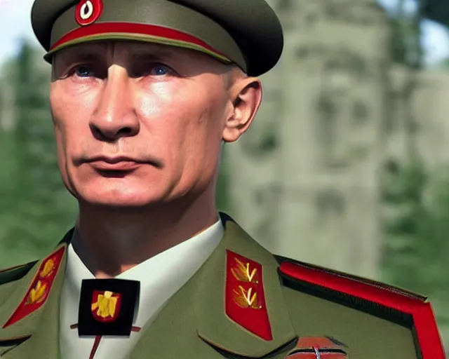 Image similar to vladimir putin wearing a world war two german nazi uniform, highly detailed, rtx, unreal engine 5, 8 k, symmetrical face, good quality, fool body view,