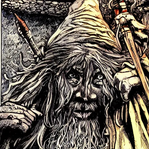 Prompt: precisely drawn illustration of Radagast the Brown, wide angle, sharp, fine details, French comic style, vibrant realistic colors, full color, heroic fantasy, intense line art, 8k, precise linework, realistic, in the style of Heavy Metal Comics and Richard Corben and Moebius