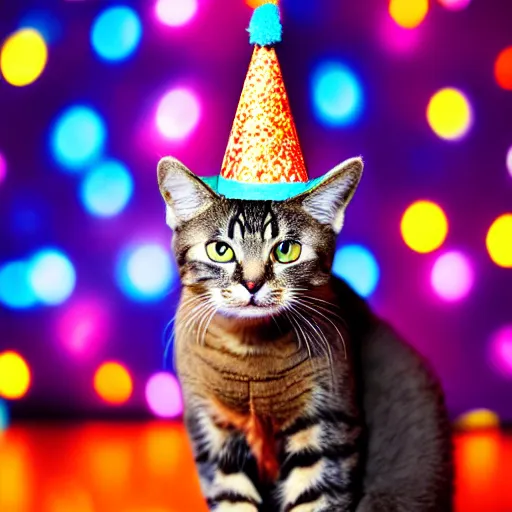 Image similar to a photo of a Cat wearing a birthday hat, studio portrait, fireworks in background