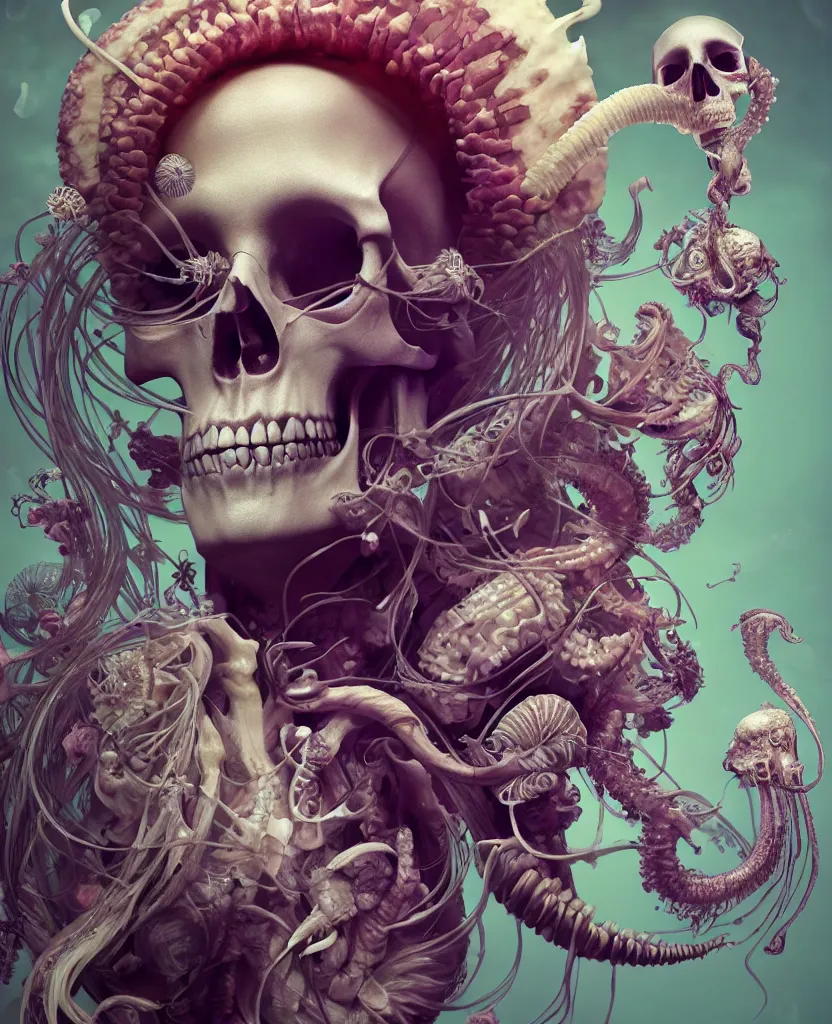 Image similar to goddess close-up portrait skull with mohawk, ram skull, skeleton, thorax, x-ray, backbone, jellyfish phoenix head, nautilus, orchid, skull, betta fish, bioluminiscent creatures, intricate artwork by Tooth Wu and wlop and beeple. octane render, trending on artstation, greg rutkowski very coherent symmetrical artwork. cinematic, hyper realism, high detail, octane render, 8k