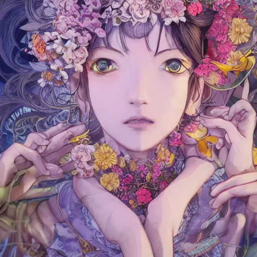 Image similar to the portrait of an absurdly beautiful, graceful, elegant young anime woman made of bananas and petals looking up, an ultrafine detailed illustration by kim jung gi, irakli nadar, intricate linework, bright colors, octopath traveler, final fantasy, angular, unreal engine 5 highly rendered, global illumination, radiant light, detailed and intricate environment