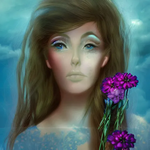 Image similar to a photography of a dreaming woman with flowers grow out of hair, roses peonies forget-me-nots dahlias lupins gladioli, sky theme in background, Digital Art, Trending on artstation