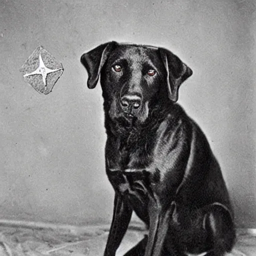 Image similar to an early 1 9 0 0 s photograph of a black dog marked by an extraterrestrial sigil, moonlight, nighttime,