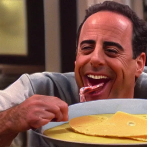 Image similar to jerry seinfeld eating a large wheel of cheese, realistic, color film,