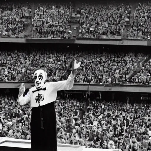 Prompt: an old black and white photo of a clown giving a rousing political speech to a huge crowd,