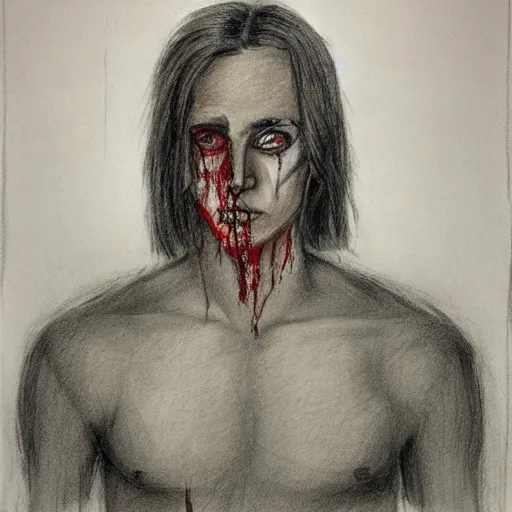 Image similar to self portrait, handsome man with battle scar on his chest holding his sword on his shoulder, pencil art, detailed, handsome, colored, bloody