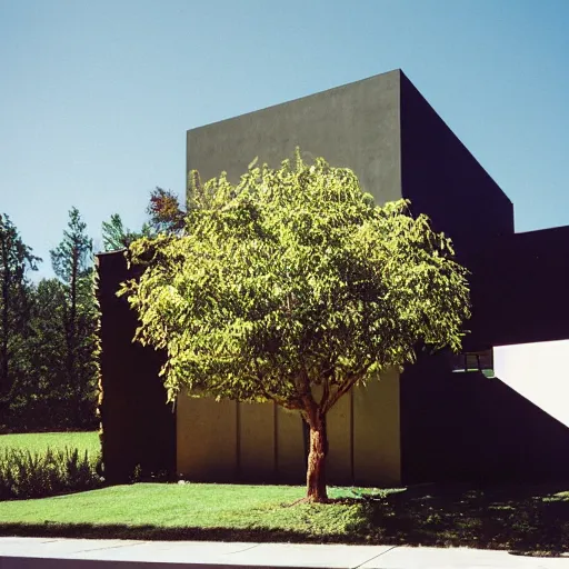 Image similar to Exterior of house designed by David Lynch. Photographed with Leica Summilux-M 24 mm lens, ISO 100, f/8, Portra 400