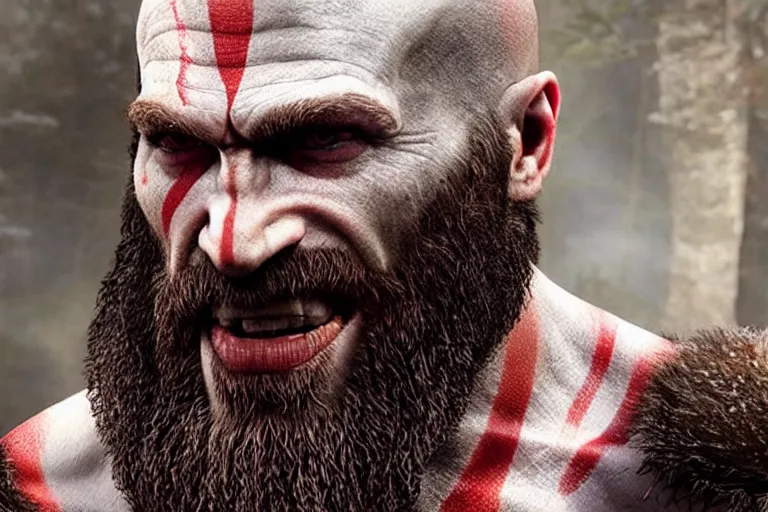 Image similar to vfx movie live action god of war closeup, natural grizzled skin by emmanuel lubezki