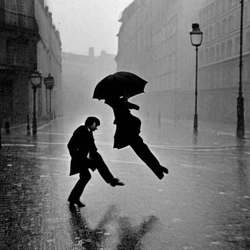 Image similar to the man leaping with an umbrella in a raining paris street, by henri cartier bresson,