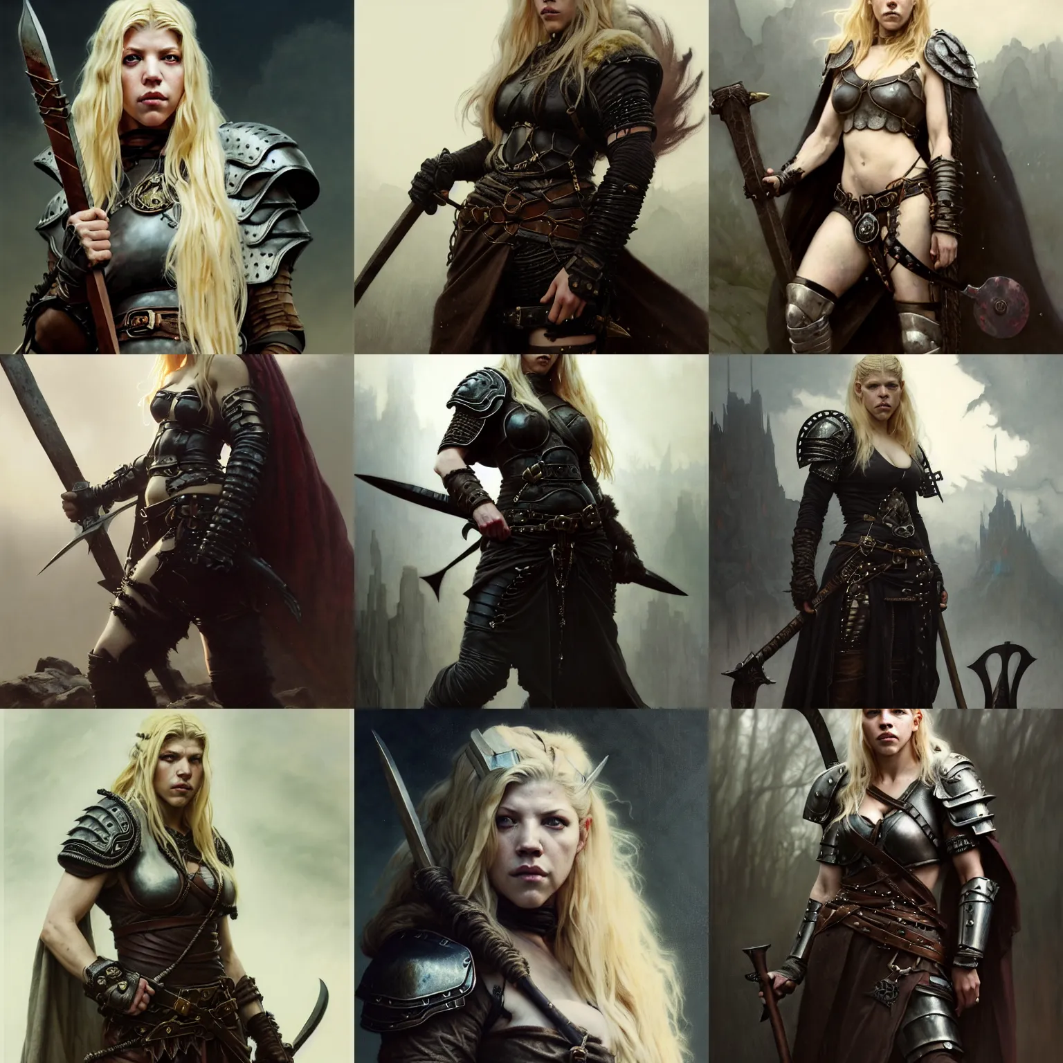 Prompt: portrait of katheryn winnick as a surly and determined female barbarian clothed in leather armor and a cloak, neutral expression, by Greg Rutkowski and John Collier and Krenz Cushart and Artem Demura and Alphonse Mucha and Albert Aublet, as seen on ArtStation, 4k, dungeons and dragons, very aesthetic, very detailed, intricate, unreal, fantasy, dramatic, painterly, artstation, sharp focus, smooth