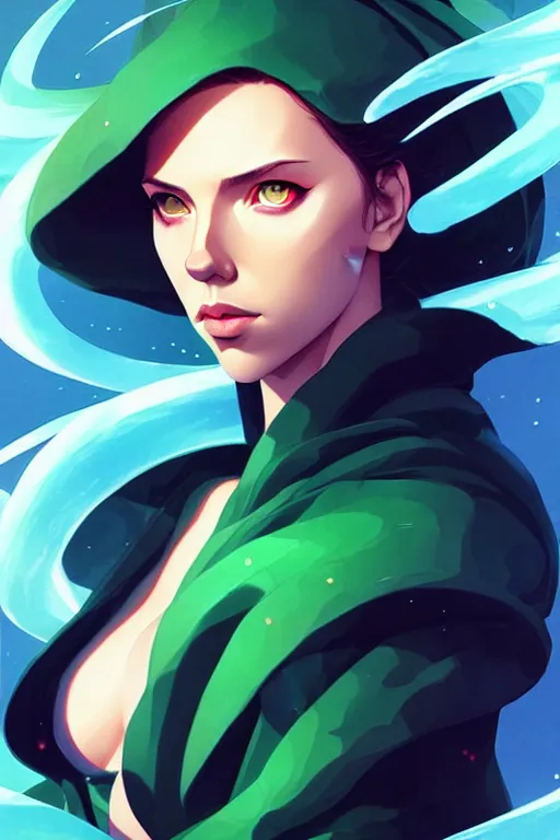 Image similar to style artgerm, joshua middleton, illustration, scarlett johansson as mage wearing green pelt light armor, anime eyes, blue hair, swirling water cosmos, fantasy, dnd, cinematic lighting