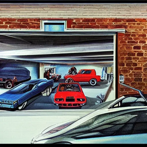 Prompt: detailed details photorealistic pictures of car garage in the style of bob peak and alex ross, gouache and wash paints color, detailed details facial and body and human and environments and proportionate, detailed 5 k details.