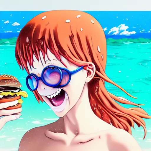 Image similar to Extremely Detailed and Full Portrait scene of Gooey Ocean scene in ink and refined sand, Red head pigtail anime woman with freckles on her face and shades on face. wearing a sundress full body smiling while eating a sloppy cheese burger. The cheeseburger is leaking red sauce all over the place by Akihito Yoshitomi AND Yoji Shinkawa AND Greg Rutkowski, Mark Arian trending on artstation