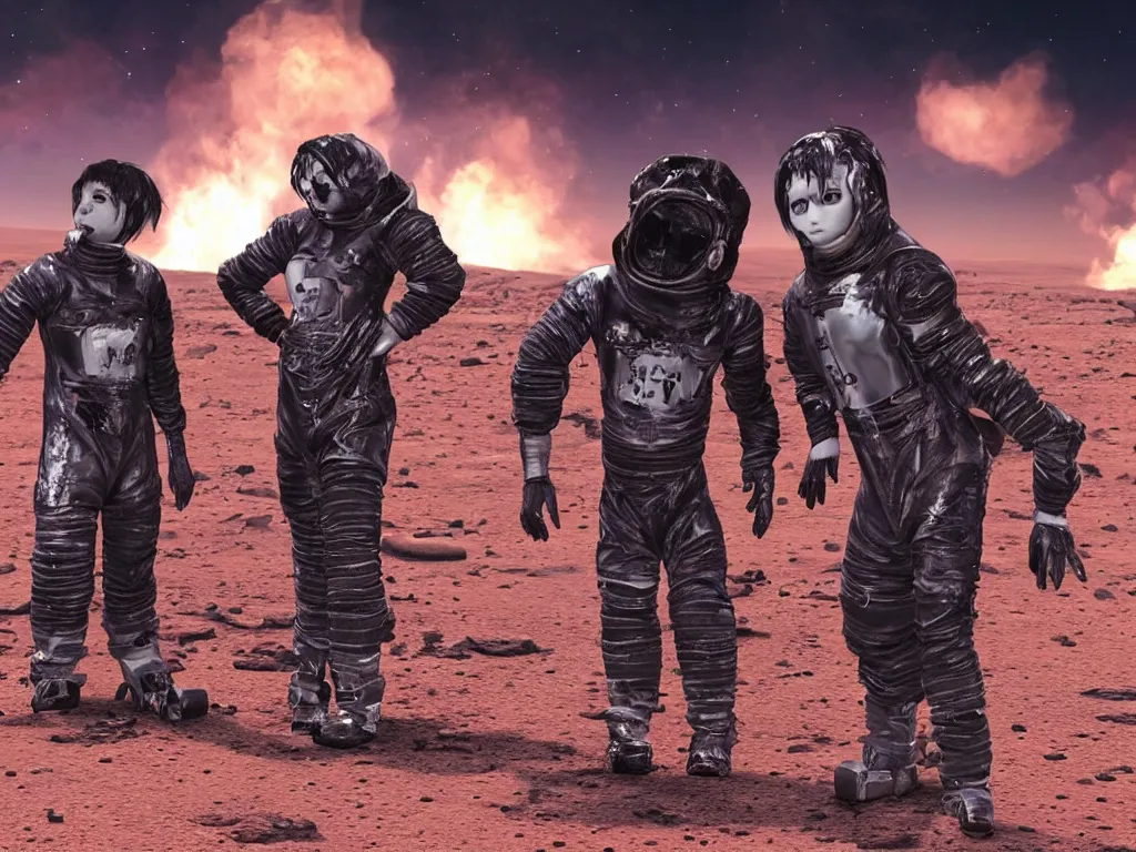 Prompt: two chubby teenagers partially made of smoke with emo haircuts wearing gothy purple and black space spandex suits, standing next to smashed burning spacecraft wreckage, on the surface of mars, highly detailed, dramatic lighting, photorealistic, cinematic