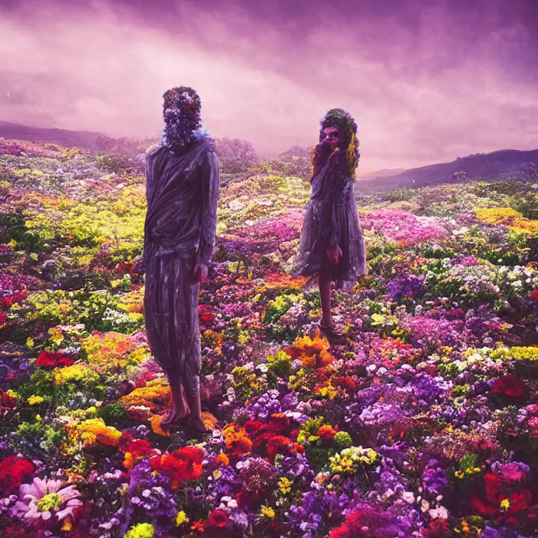 Image similar to a planet of various flowers, fungus and plants, in which the singular human figure is dressed in something magical and impressive, inside the picture is infinity, sunset light, Atmospheric phenomenon, artistic photography, muted colors, conceptual, long exposure outside the city, volumetric light