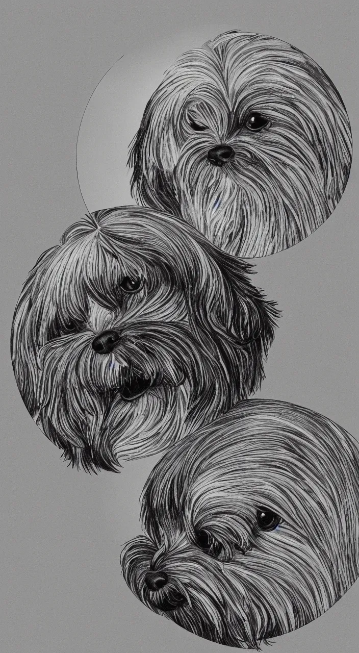 Image similar to self - portrait of a havanese dog reflection in a mirrored chrome sphere, by m c escher pen and paper