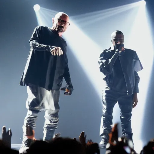 Image similar to Walter White performing alongside Kanye West at the Yeezus Tour