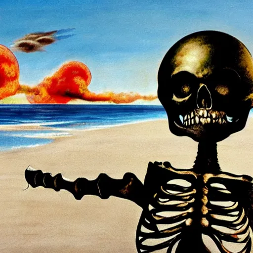 Prompt: a skeleton walking on a beach next to the ocean with nuclear bomb explosion in the background, a naturalism painting by Storm Thorgerson, featured on cg society, matte painting, realistic, chillwave, anatomically correct, light colors, photo-realistic huge mushroom-cloud in the distance