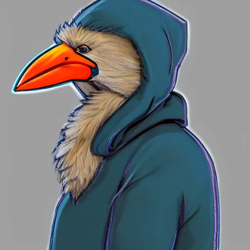 Prompt: front facing portrait. humanoid furry! anthro, anthro, anthro, avian, avian, avian!!! fursona, bird, bird, bird!!! digital art! trending on artstation! subject wearing hoodie and jeans!! subject is female!! female!!! big beak, big beak, big beak!!! blue feathers!! birdfolk!! owlkin!! Character design by charlie bowater, ross tran, artgerm, and makoto shinkai, detailed, inked, western comic book art.