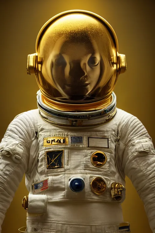 Prompt: extremely detailed studio portrait of space astronaut, helmet under arm, full body, soft light, golden glow, award winning photo by michal karcz and yoshitaka amano