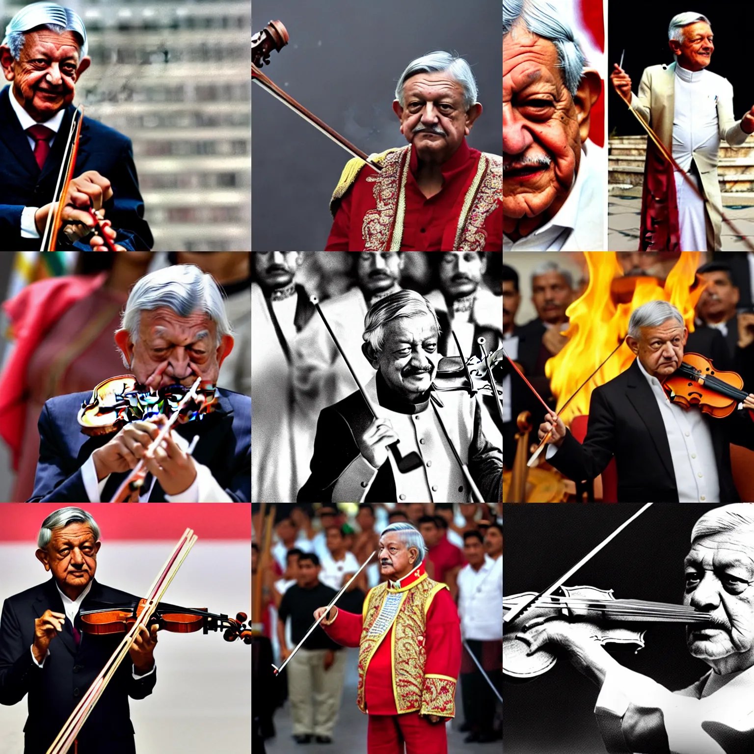 Prompt: amlo dressed as an emperor, playing the violin as mexico burns