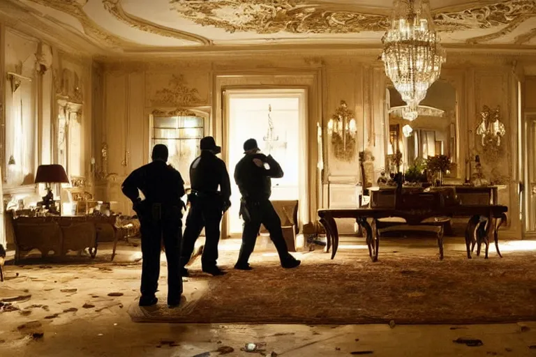 Image similar to cinematography of detectives investigating a crime scene in an decadent mansion foyer by Emmanuel Lubezki