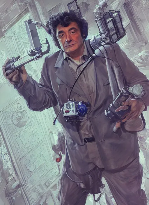 Prompt: Columbo as a Ghostbuster, intricate, elegant, highly detailed, centered, digital painting, artstation, concept art, smooth, sharp focus, illustration, artgerm, donato giancola, Joseph Christian Leyendecker, WLOP, Artgerm