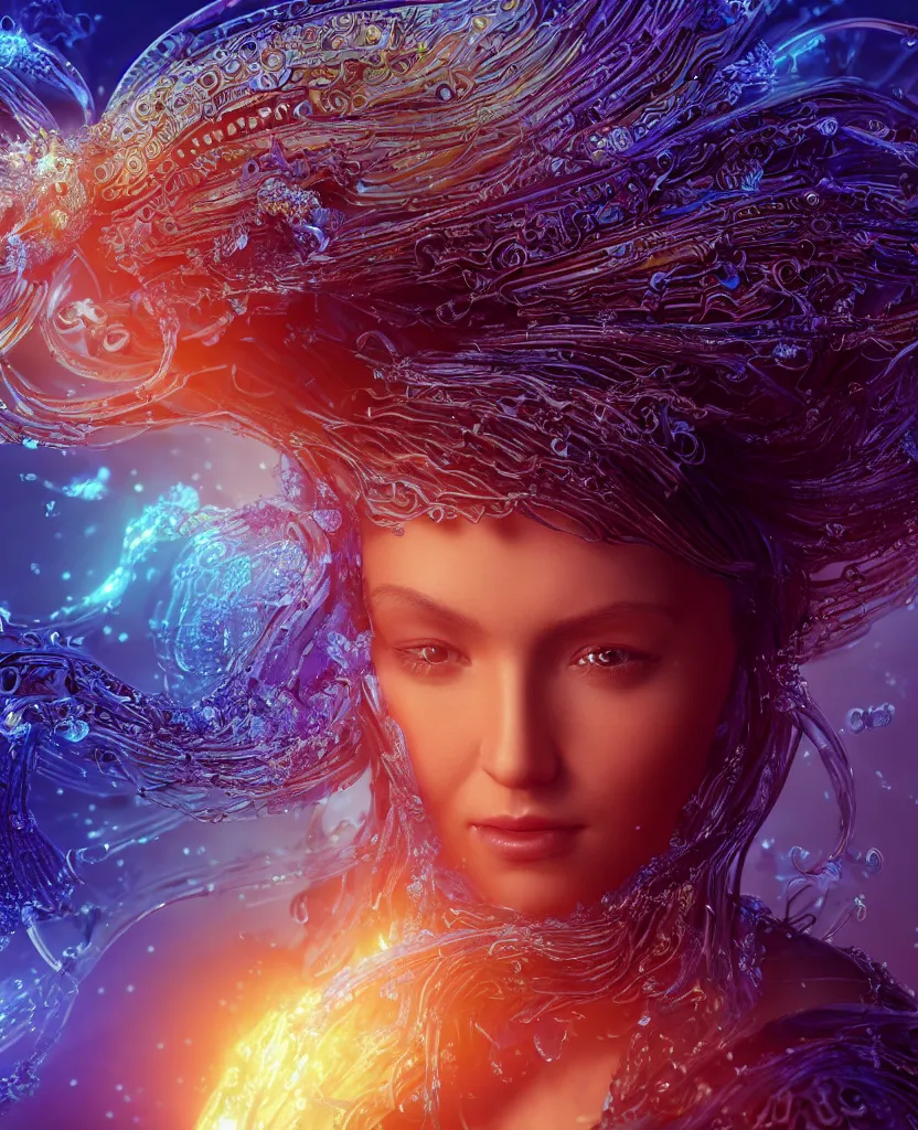 Image similar to close-up macro portrait of the face of a beautiful princess, epic angle and pose, symmetrical artwork, 3d with depth of field, blurred background, cybernetic jellyfish female face skull phoenix bird, translucent, nautilus, energy flows of water and fire. a highly detailed epic cinematic concept art CG render. made in Maya, Blender and Photoshop, octane render, excellent composition, cinematic dystopian brutalist atmosphere, dynamic dramatic cinematic lighting, aesthetic, very inspirational, arthouse. y Greg Rutkowski, Ilya Kuvshinov, WLOP, Stanley Artgerm Lau, Ruan Jia and Fenghua Zhong