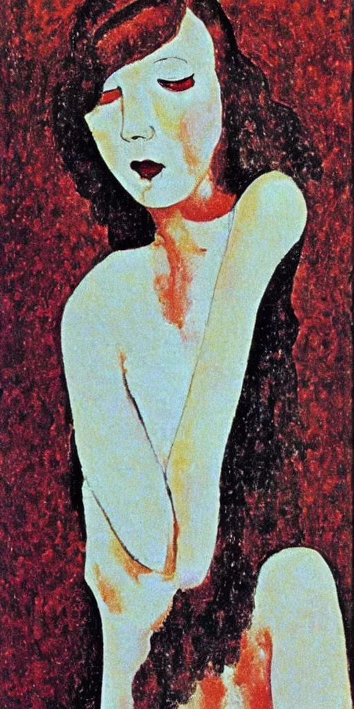 Image similar to a film still of suspiria by dario argento 1 9 7 7 movie, painted by modigliani, impressionism, pointillism, high quality, detailed, print!