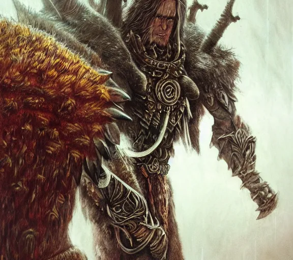 Image similar to beastman tribal warrior concept, beastly, savage, wearing tribal armor, beksinski, wayne barlowe, adrian smith fantasy art, the hobbit art, lord of the ring art, the witcher concept art, trending on artstation, game of throne art